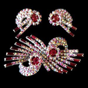 Dazzling Vintage Red and AB Rhinestone Brooch & Earring Set